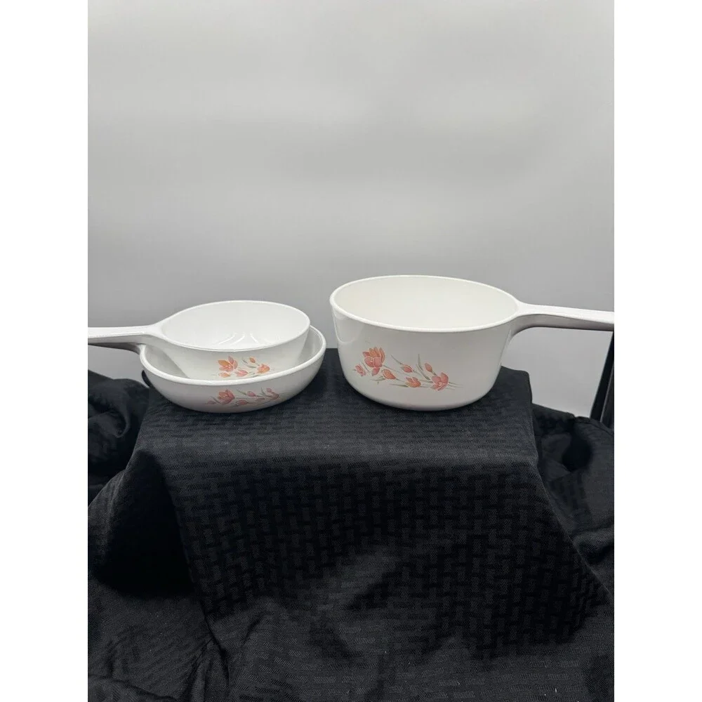 Corningwear Set Of 3 Peach Floral Sauce Pots
